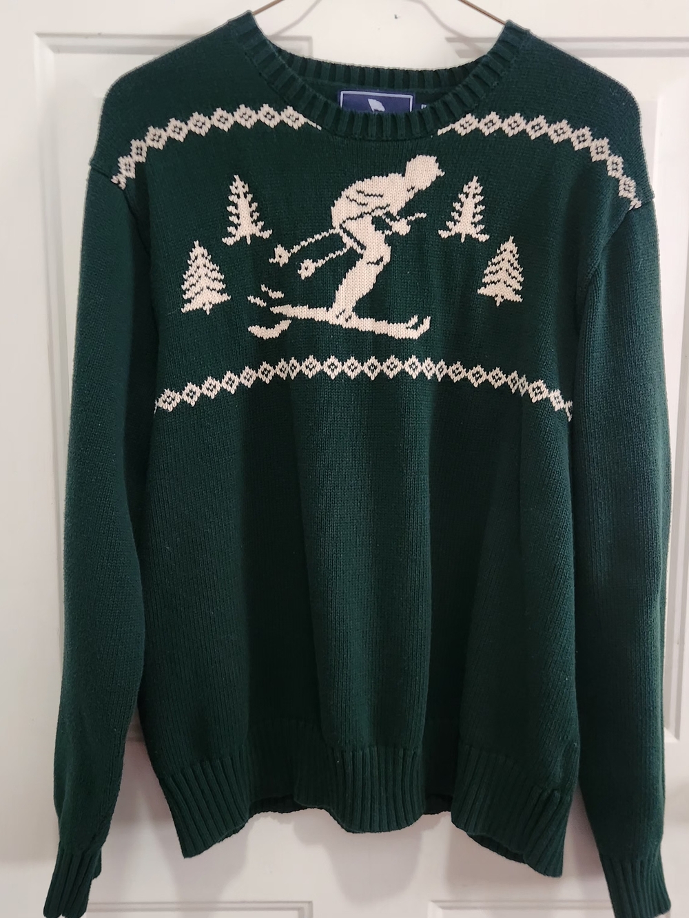 American Living Dark Green Crewneck Sweater with White Skiing Motif Ralph Lauren